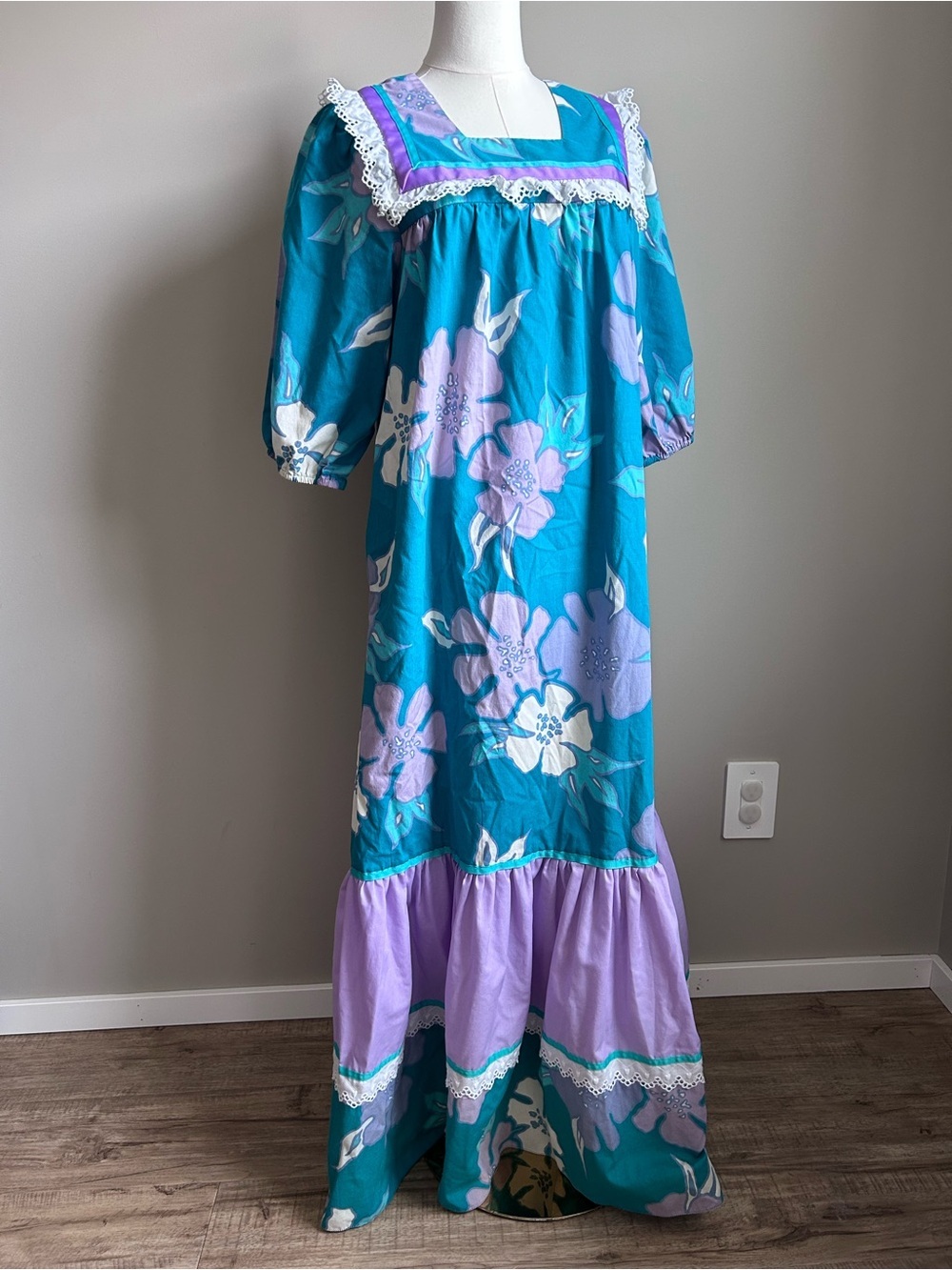 vintage 1970s Hawaiian muumuu dress teal floral print purple ruffle puff sleeves